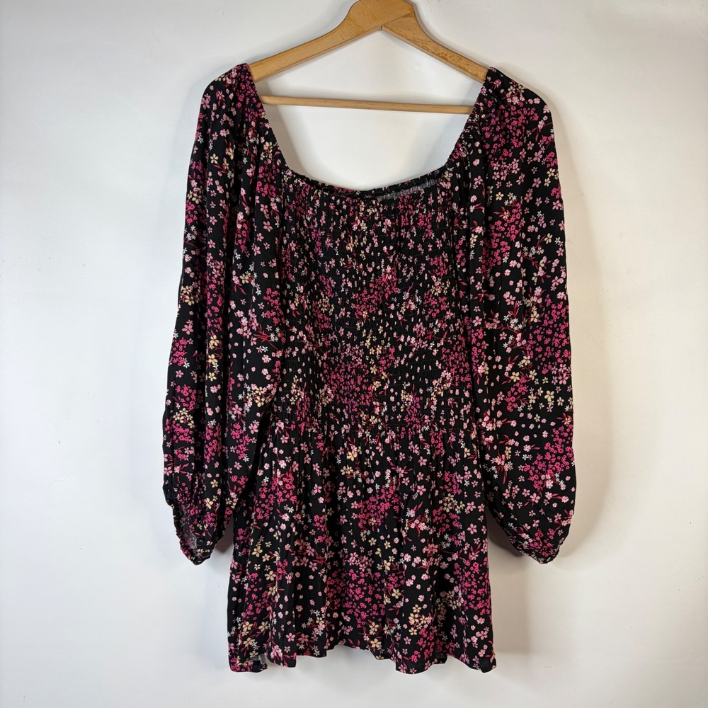 Bobeau Smocked Peplum Blouse Women 2X Black Pink Floral Square Neck Balloon Top
